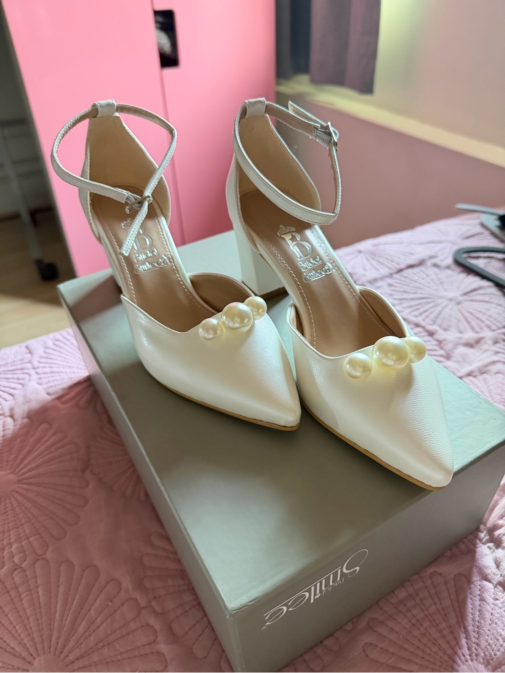 Pearl-Embellished White Ankle-Strap Heels